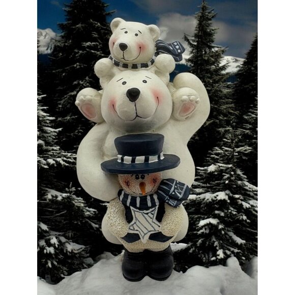 Vintage Polar Bears with Snowman Christmas Figurine Piggy Back Ride - Picture 1 of 8